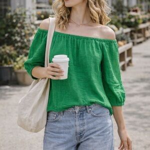 Sanctuary Green Off Shoulder Peasant Blouse Gauze Cotton Boho Top Medium